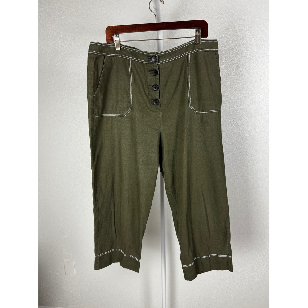 Boden Womens Green Linen Cotton Blend Contrast Stitch Crop Pants US 14
